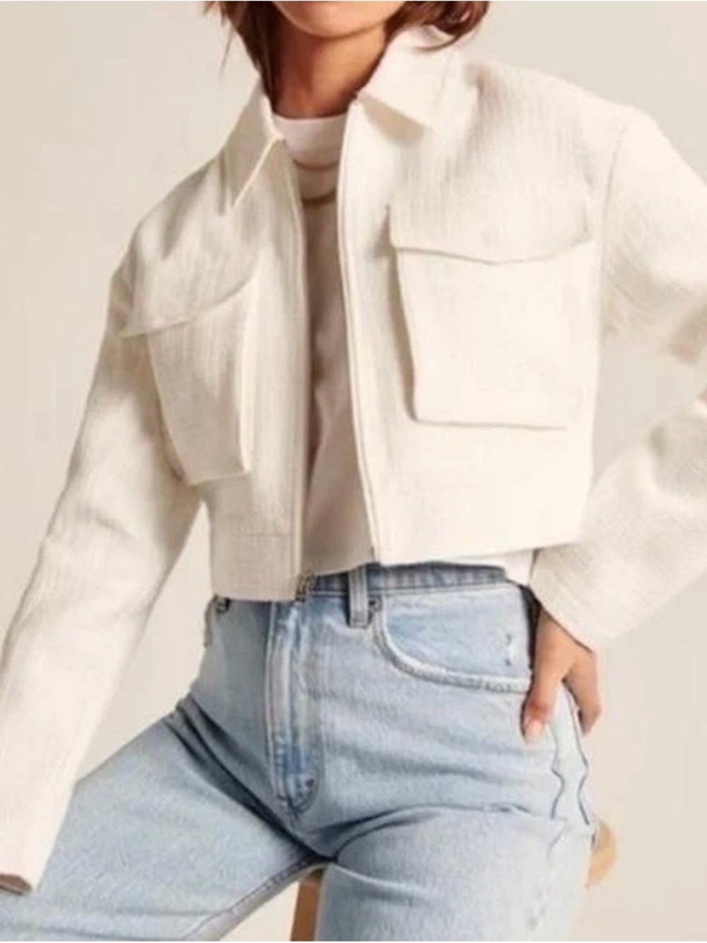 Abercrombie & Fitch Cropped Cream Textured Utility Jacket